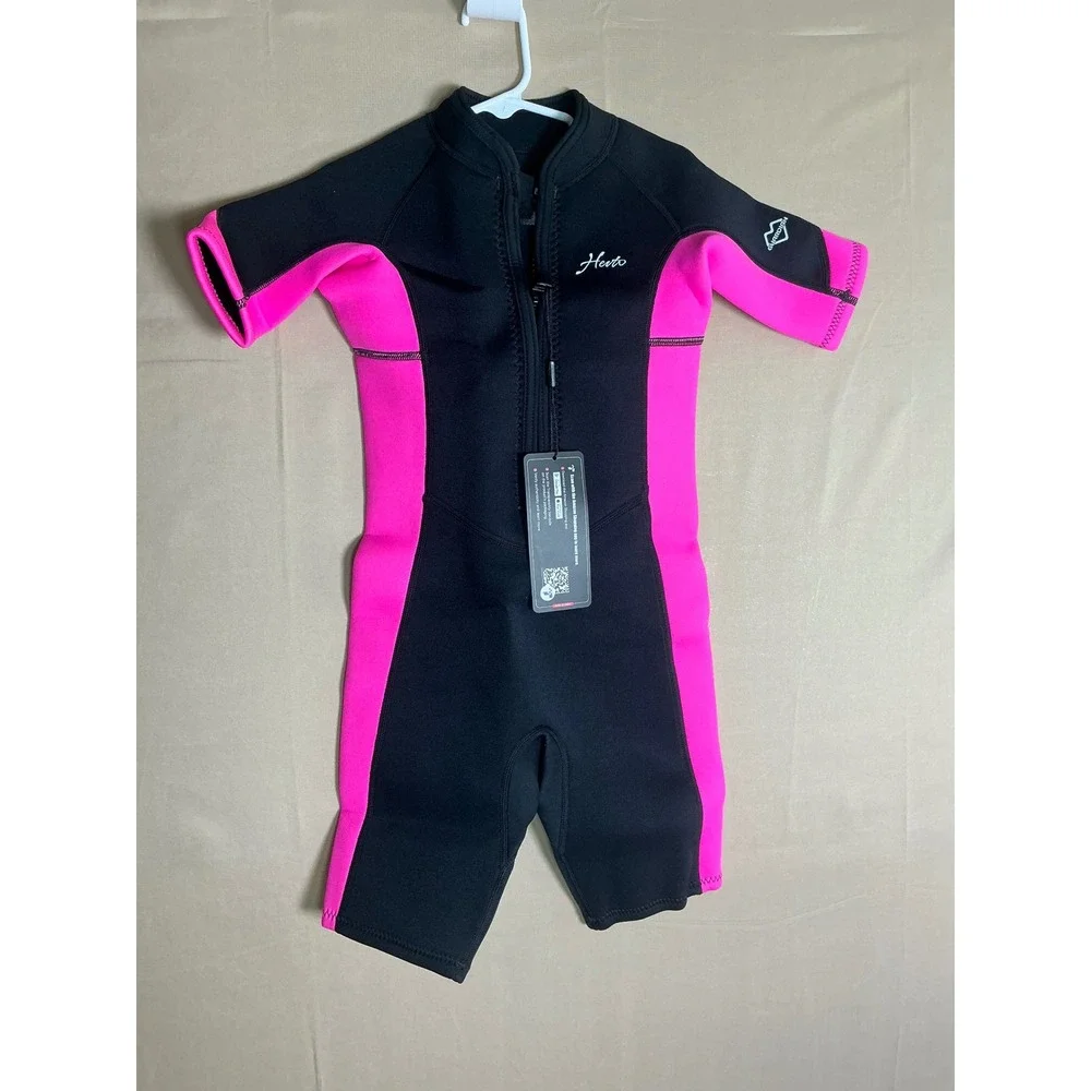 Hevto Kids Wetsuit 6 Shorty Girls Toddler Pink Black Neoprene Front Zip Swimsuit